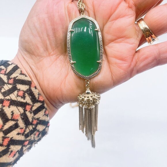 Kendra Scott Long Gold Chain Necklace With Green Oval Pendant & Tassel - Picture 3 of 6